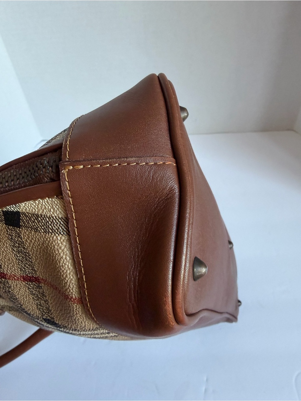 Burberry Beige Plaid Dome Satchel with Brown Leather Trim - Picture 8 of 13